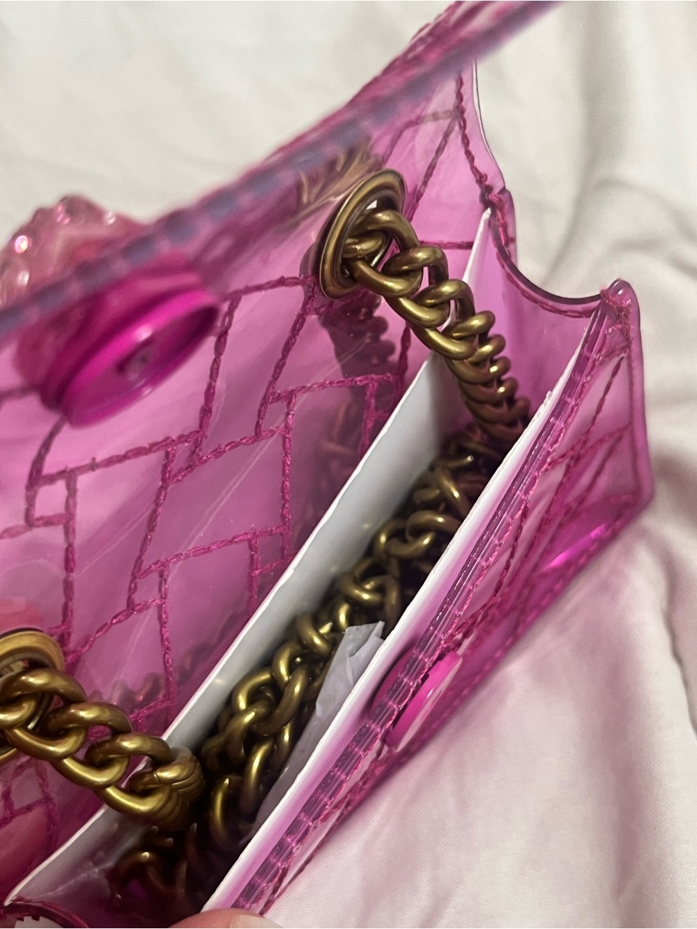 Kurt Geiger Hot Pink Transparent Crossbody with Gold Chain (Vinyl) - Picture 11 of 11